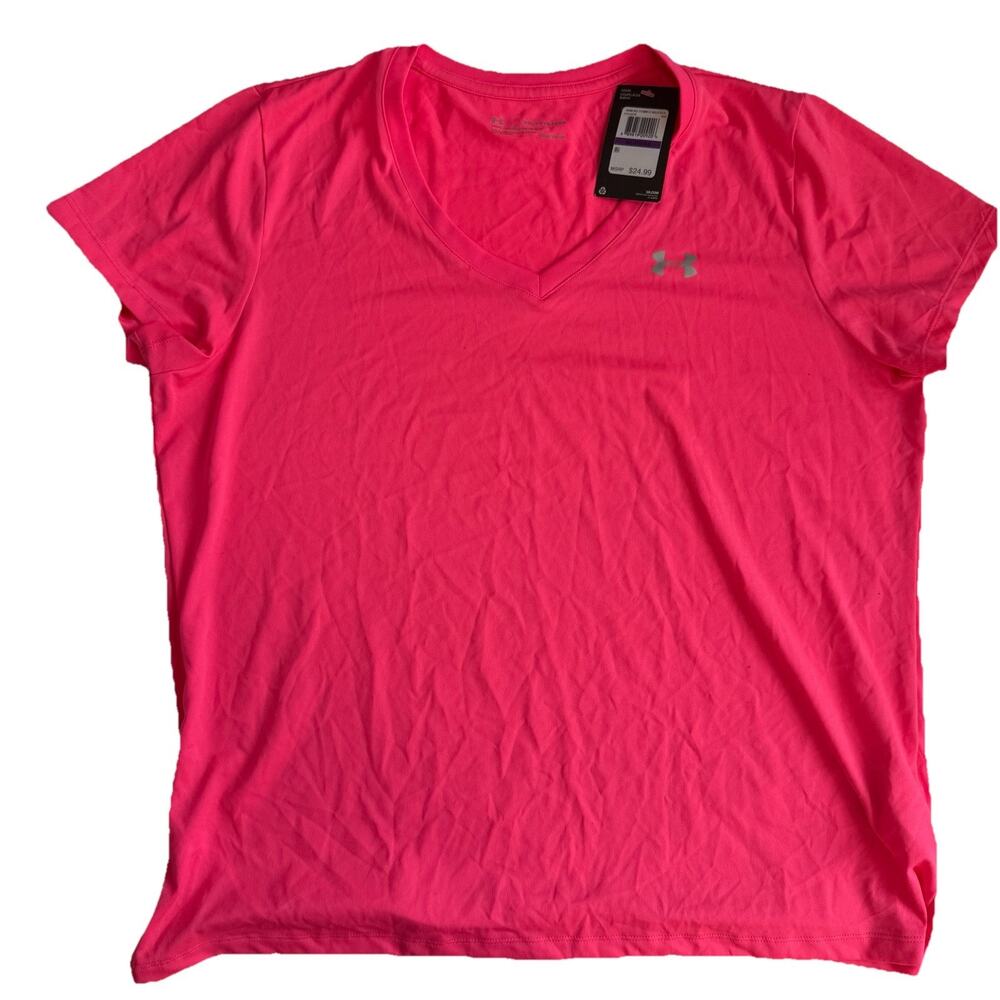 NWT Under Armour Womens UA Tech V-Neck Shirt Pink Activewear Athletic‎ Top Sz XL